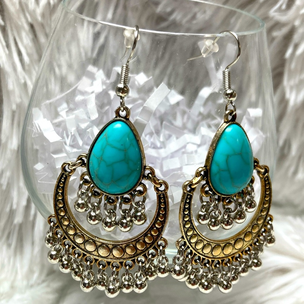 Tibetan Turquoise & White Gold Dangle Earrings